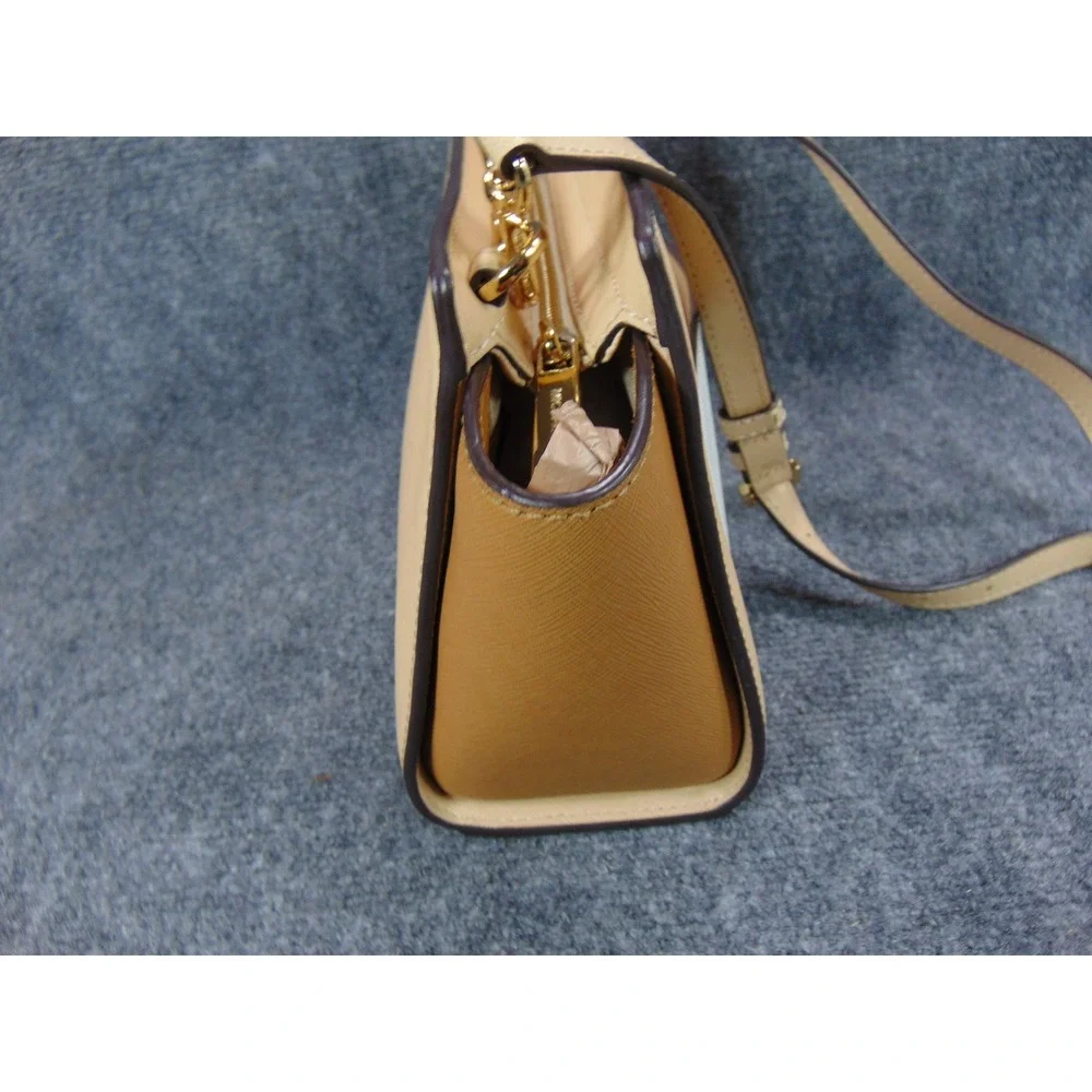 Michael Kors Selma Crossbody Tan Beige White Leather Saffiano Satchel Bag Flaw‎